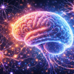 Ilustración del cerebro humano con neuronas y conexiones neuronales brillantes que simbolizan la actividad cerebral y la comunicación entre células nerviosas.