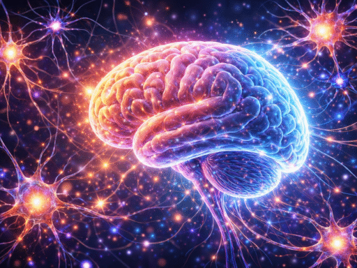 Ilustración del cerebro humano con neuronas y conexiones neuronales brillantes que simbolizan la actividad cerebral y la comunicación entre células nerviosas.