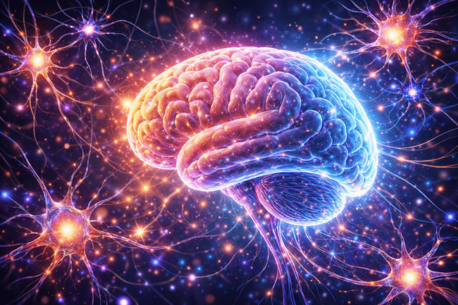 Ilustración del cerebro humano con neuronas y conexiones neuronales brillantes que simbolizan la actividad cerebral y la comunicación entre células nerviosas.
