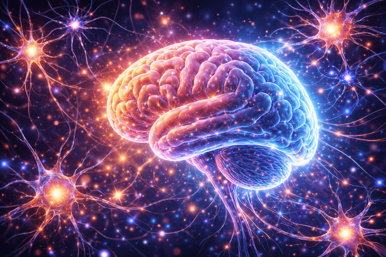 Ilustración del cerebro humano con neuronas y conexiones neuronales brillantes que simbolizan la actividad cerebral y la comunicación entre células nerviosas.