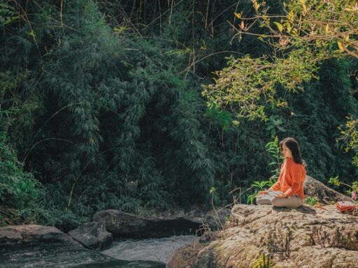 Mujer sentada en posición de meditación sobre una roca junto a un río, rodeada de vegetación verde y luz natural.