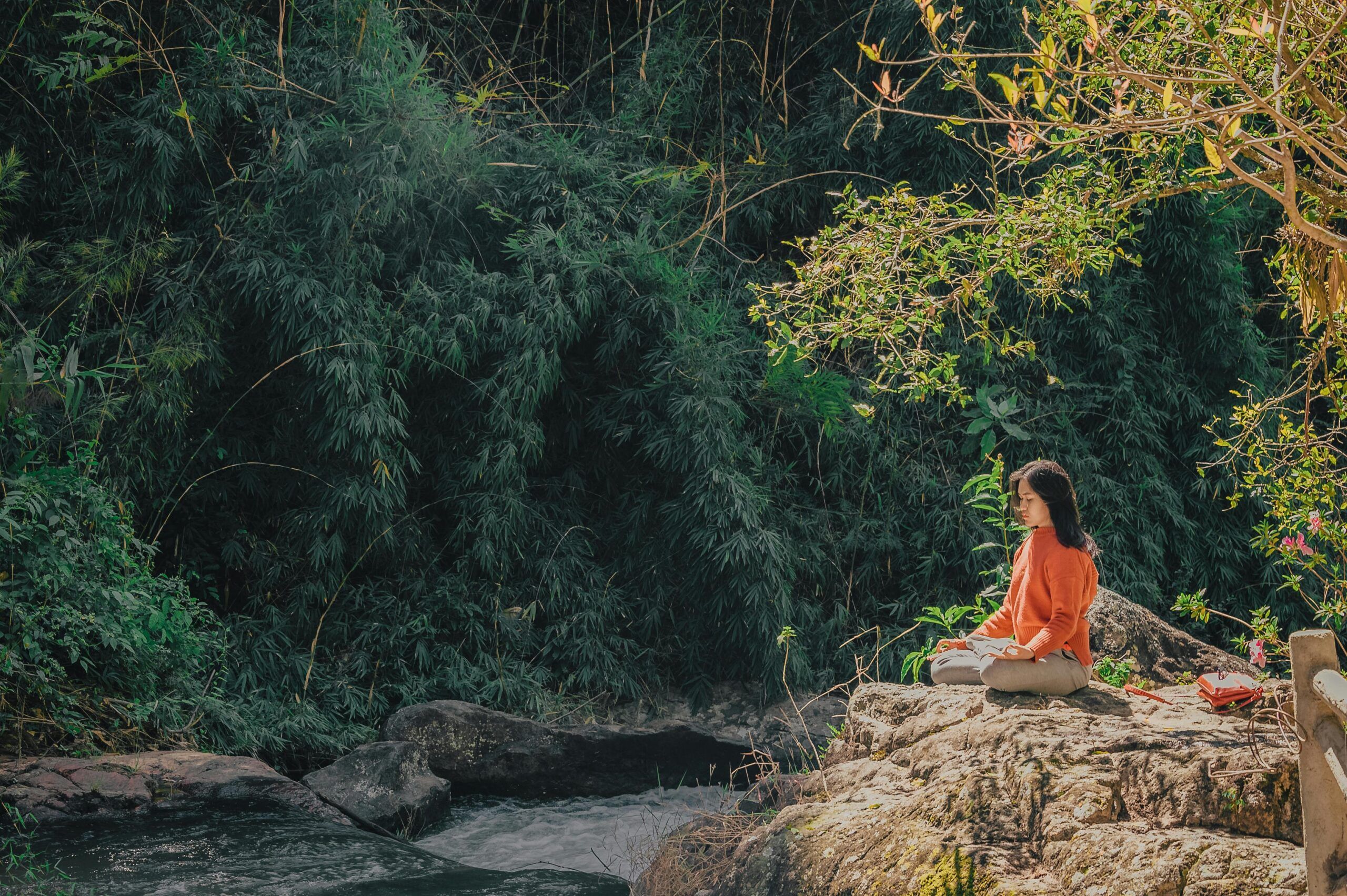 Mujer sentada en posición de meditación sobre una roca junto a un río, rodeada de vegetación verde y luz natural.