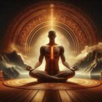 Persona en postura de meditación con un flujo de energía luminosa recorriendo el cuerpo, rodeada de un escenario místico con montañas y luz dorada, simbolizando la activación y equilibrio de los chakras.