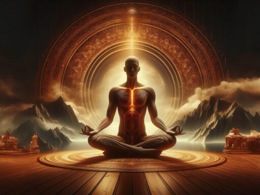 Persona en postura de meditación con un flujo de energía luminosa recorriendo el cuerpo, rodeada de un escenario místico con montañas y luz dorada, simbolizando la activación y equilibrio de los chakras.
