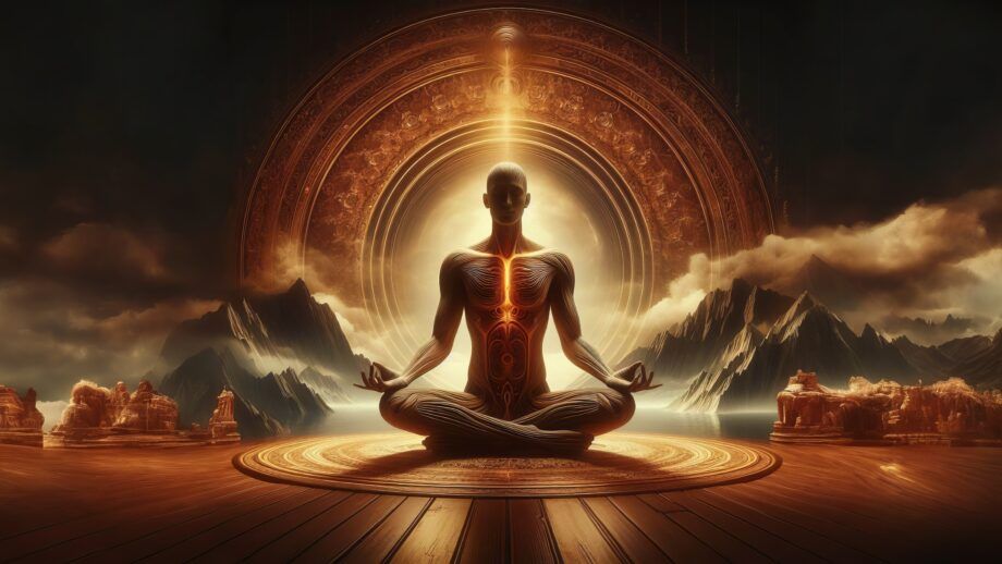 Persona en postura de meditación con un flujo de energía luminosa recorriendo el cuerpo, rodeada de un escenario místico con montañas y luz dorada, simbolizando la activación y equilibrio de los chakras.