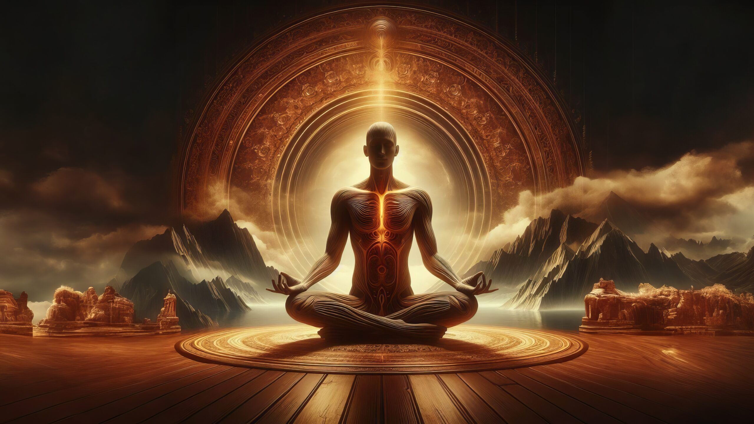 Persona en postura de meditación con un flujo de energía luminosa recorriendo el cuerpo, rodeada de un escenario místico con montañas y luz dorada, simbolizando la activación y equilibrio de los chakras.