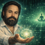 Retrato digital a color de Jacobo Grinberg con elementos visuales de código tipo Matrix y una figura en meditación, simbolizando su teoría sintérgica y el estudio de la conciencia.