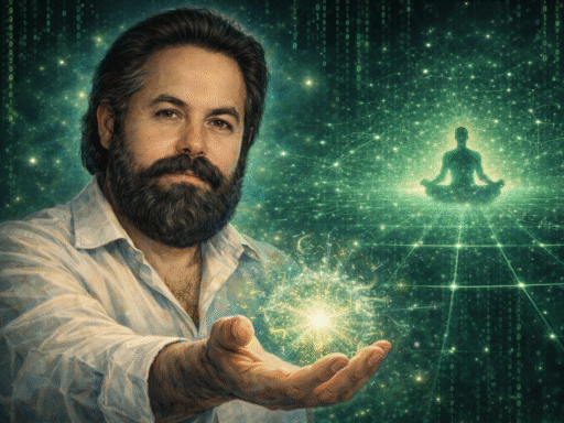 Retrato digital a color de Jacobo Grinberg con elementos visuales de código tipo Matrix y una figura en meditación, simbolizando su teoría sintérgica y el estudio de la conciencia.