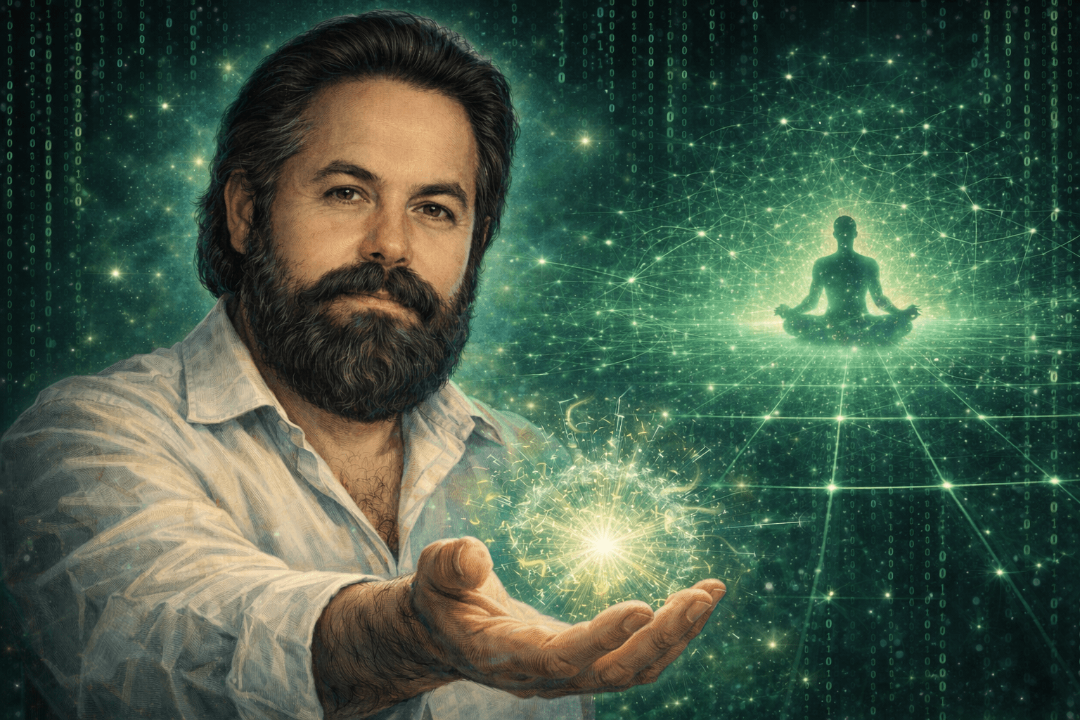 Retrato digital a color de Jacobo Grinberg con elementos visuales de código tipo Matrix y una figura en meditación, simbolizando su teoría sintérgica y el estudio de la conciencia.