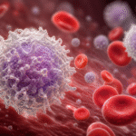 Ilustración médica de glóbulos rojos y un glóbulo blanco anormal en el torrente sanguíneo que representa la leucemia