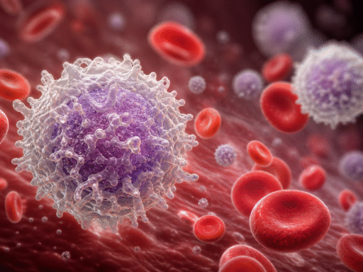 Ilustración médica de glóbulos rojos y un glóbulo blanco anormal en el torrente sanguíneo que representa la leucemia