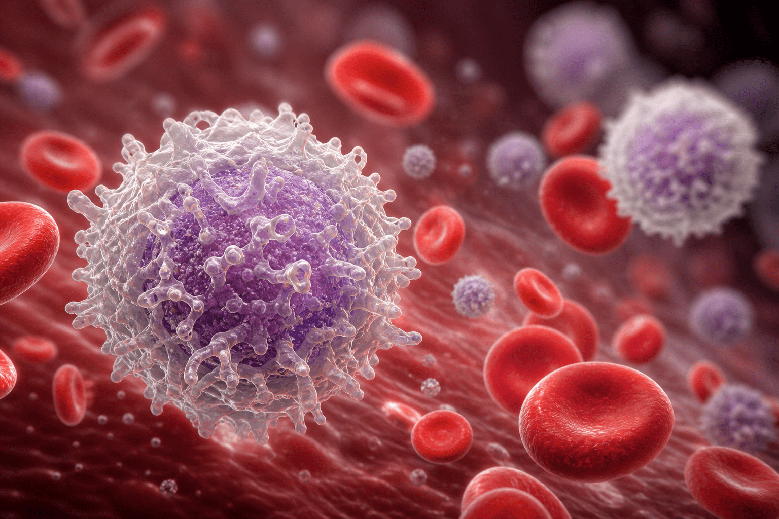 Ilustración médica de glóbulos rojos y un glóbulo blanco anormal en el torrente sanguíneo que representa la leucemia