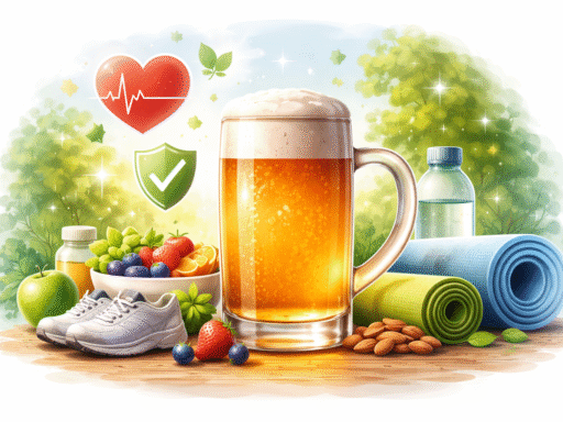 Cerveza desenfocada en segundo plano junto a alimentos saludables, hidratación y elementos de actividad física que representan bienestar y consumo responsable de alcohol.