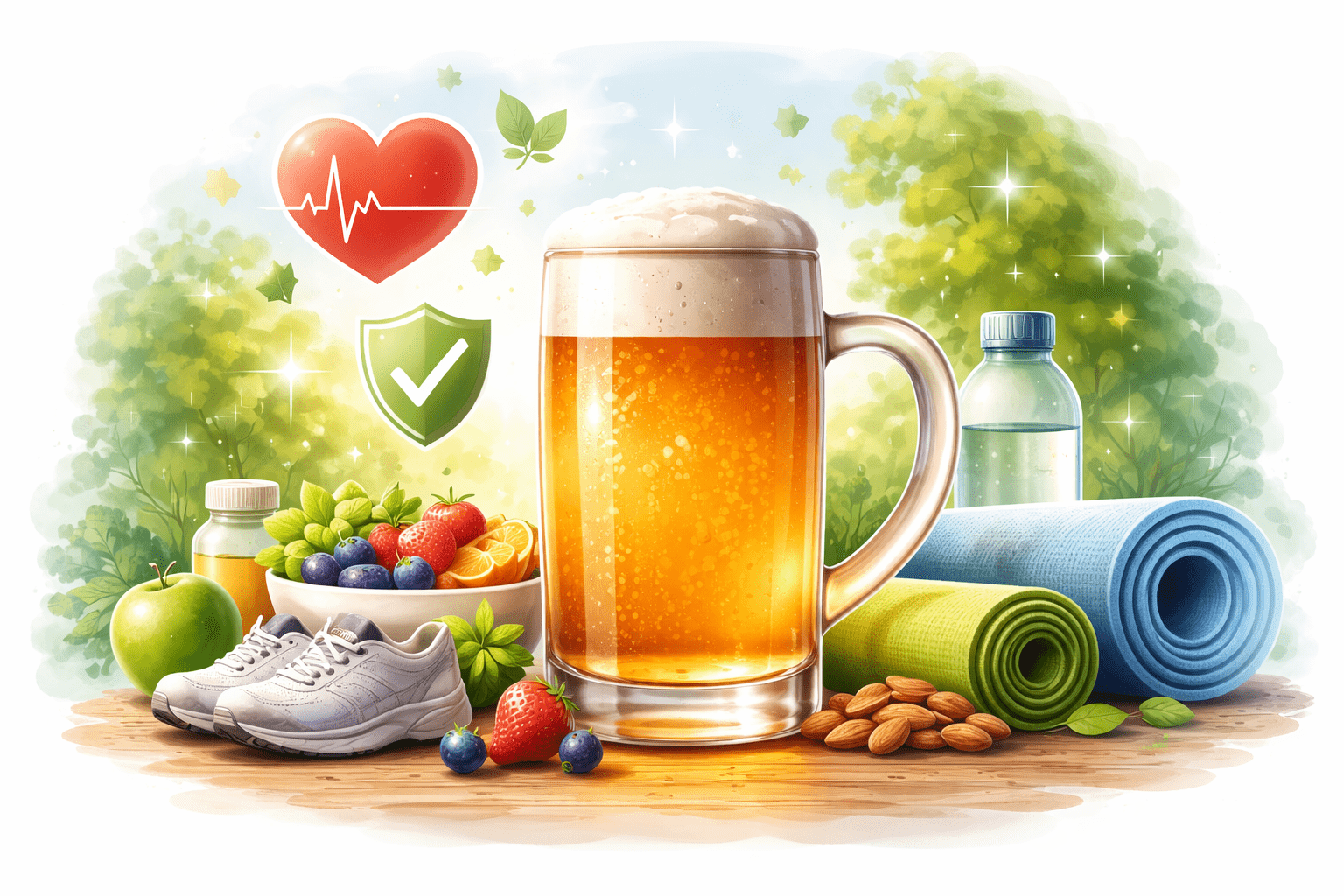 Cerveza desenfocada en segundo plano junto a alimentos saludables, hidratación y elementos de actividad física que representan bienestar y consumo responsable de alcohol.