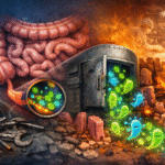 Ilustración del apéndice humano funcionando como un reservorio de bacterias beneficiosas que ayudan a repoblar la microbiota intestinal después de una infección.