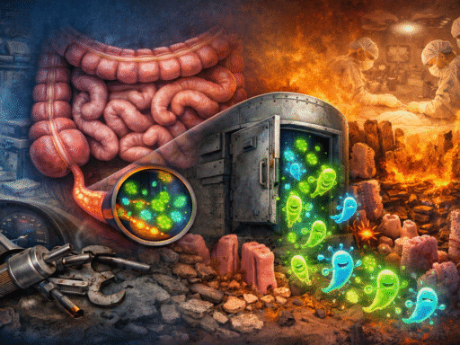 Ilustración del apéndice humano funcionando como un reservorio de bacterias beneficiosas que ayudan a repoblar la microbiota intestinal después de una infección.