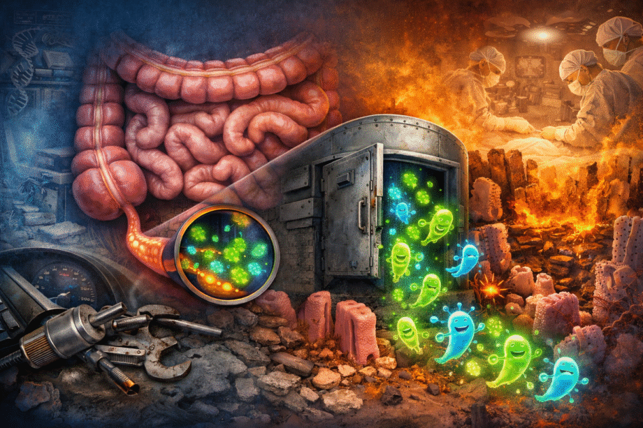Ilustración del apéndice humano funcionando como un reservorio de bacterias beneficiosas que ayudan a repoblar la microbiota intestinal después de una infección.