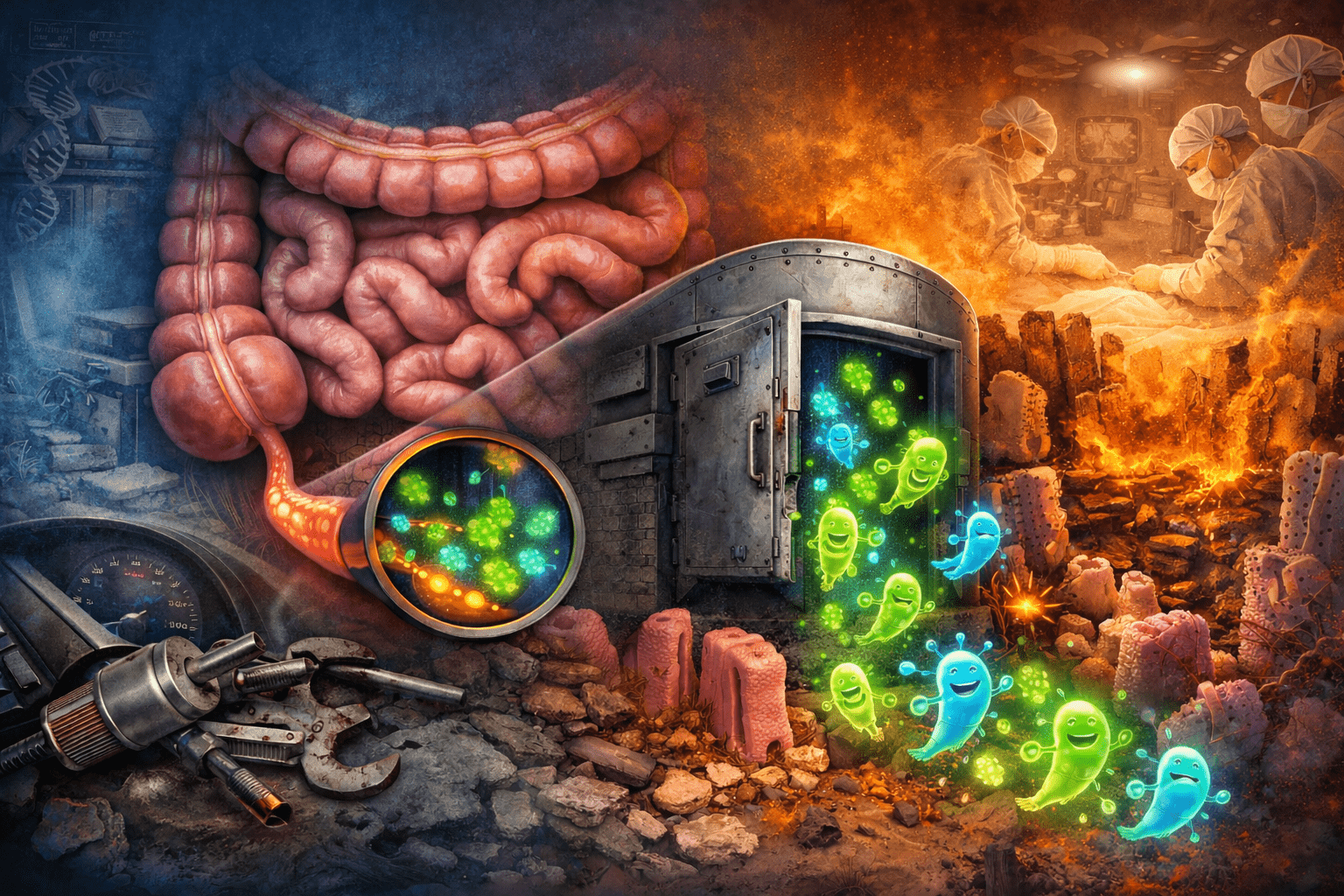 Ilustración del apéndice humano funcionando como un reservorio de bacterias beneficiosas que ayudan a repoblar la microbiota intestinal después de una infección.