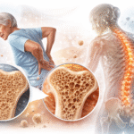 Ilustración médica de osteoporosis con comparación entre hueso sano y hueso debilitado, junto a una mujer mayor con dolor de espalda y visualización de la columna vertebral afectada.