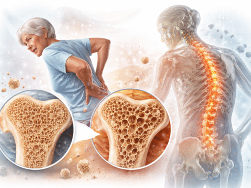 Ilustración médica de osteoporosis con comparación entre hueso sano y hueso debilitado, junto a una mujer mayor con dolor de espalda y visualización de la columna vertebral afectada.