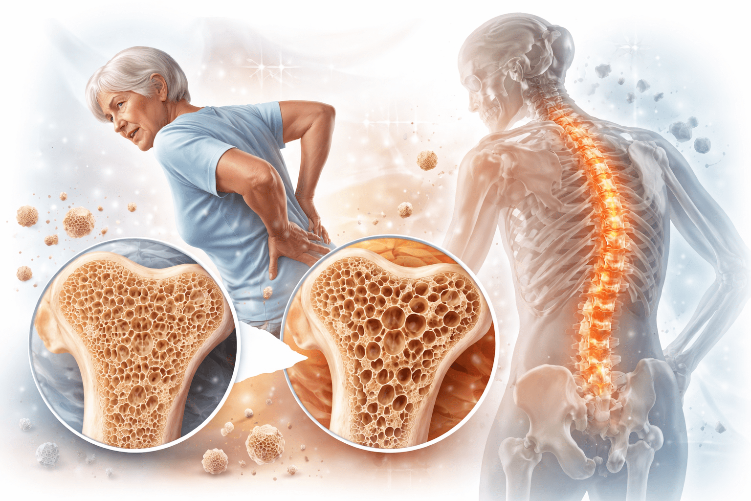 Ilustración médica de osteoporosis con comparación entre hueso sano y hueso debilitado, junto a una mujer mayor con dolor de espalda y visualización de la columna vertebral afectada.