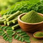 moringa en polvo con hojas frescas y vainas sobre superficie de madera superalimento natural