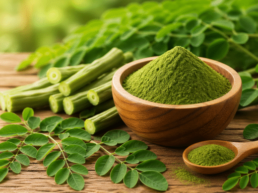 moringa en polvo con hojas frescas y vainas sobre superficie de madera superalimento natural