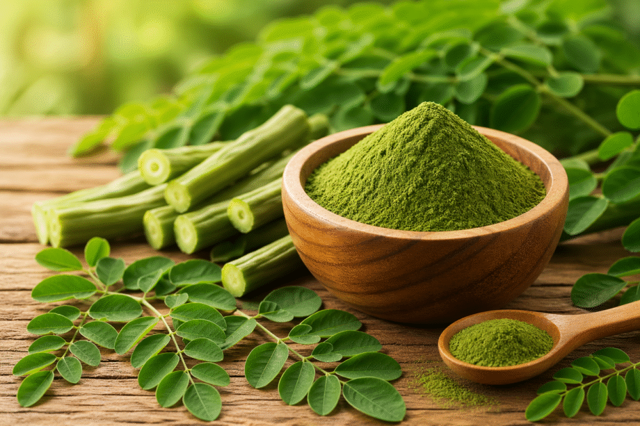 moringa en polvo con hojas frescas y vainas sobre superficie de madera superalimento natural
