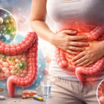 Ilustración digital en alta resolución de una mujer con dolor abdominal y representación anatómica del intestino grueso inflamado, mostrando síntomas del síndrome del intestino irritable.