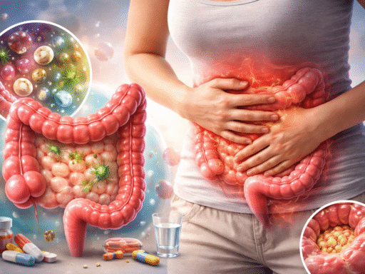 Ilustración digital en alta resolución de una mujer con dolor abdominal y representación anatómica del intestino grueso inflamado, mostrando síntomas del síndrome del intestino irritable.