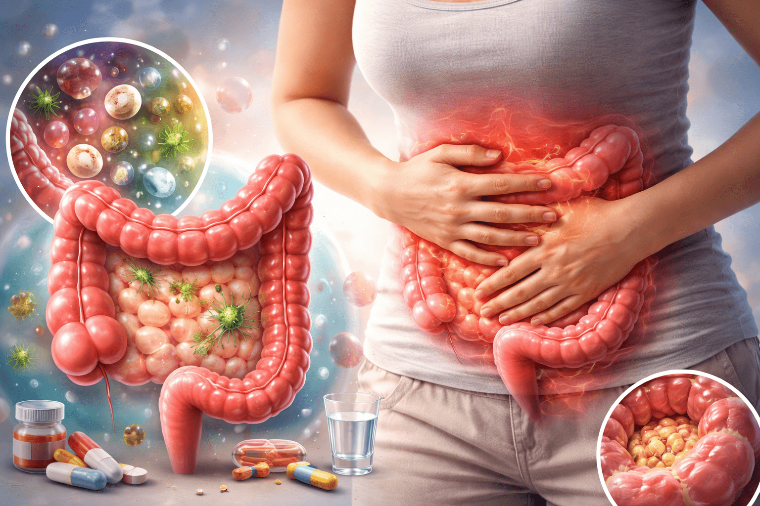 Ilustración digital en alta resolución de una mujer con dolor abdominal y representación anatómica del intestino grueso inflamado, mostrando síntomas del síndrome del intestino irritable.