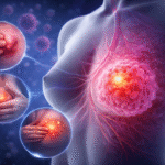 Ilustración médica del pecho femenino con un tumor resaltado y ampliaciones que muestran síntomas del cáncer de mama como bulto palpable, piel con hoyuelos e inflamación.