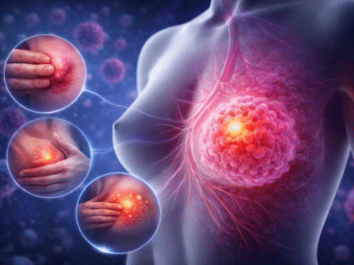 Ilustración médica del pecho femenino con un tumor resaltado y ampliaciones que muestran síntomas del cáncer de mama como bulto palpable, piel con hoyuelos e inflamación.