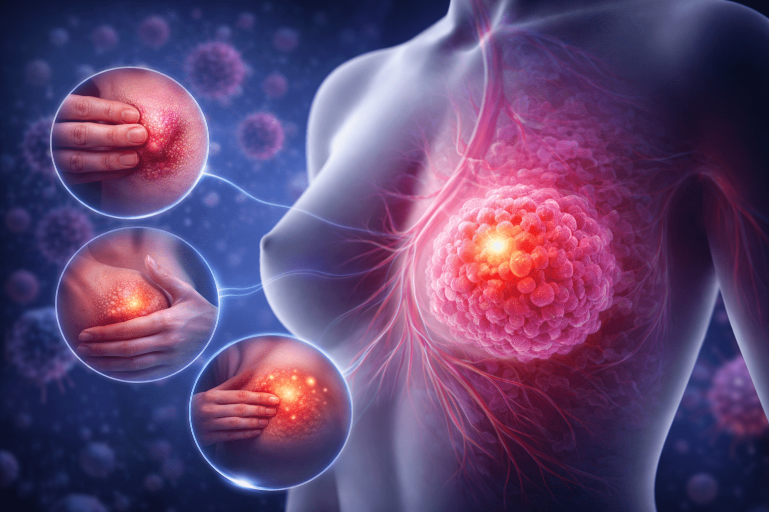 Ilustración médica del pecho femenino con un tumor resaltado y ampliaciones que muestran síntomas del cáncer de mama como bulto palpable, piel con hoyuelos e inflamación.