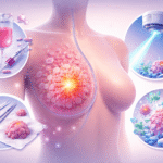 Ilustración 3D de una figura femenina con representación interna de un tumor mamario y diferentes tratamientos médicos como quimioterapia, radioterapia, cirugía y terapias dirigidas alrededor.