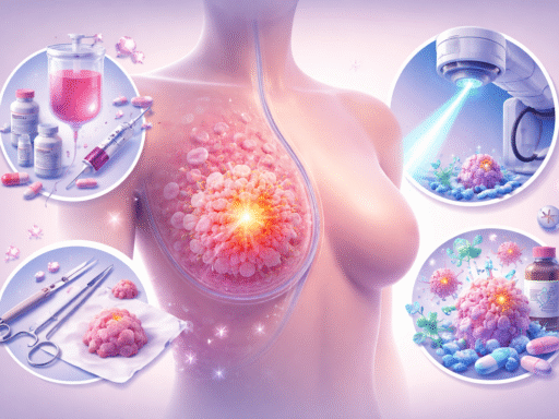 Ilustración 3D de una figura femenina con representación interna de un tumor mamario y diferentes tratamientos médicos como quimioterapia, radioterapia, cirugía y terapias dirigidas alrededor.