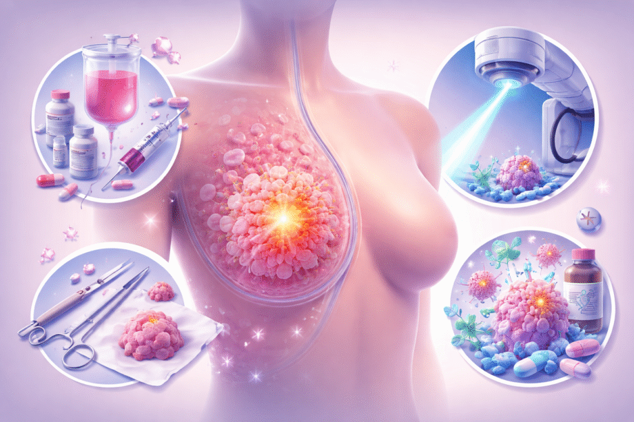 Ilustración 3D de una figura femenina con representación interna de un tumor mamario y diferentes tratamientos médicos como quimioterapia, radioterapia, cirugía y terapias dirigidas alrededor.