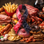 Lazo de cáncer rodeado de alimentos ultraprocesados como hamburguesa, patatas fritas, embutidos, refrescos y dulces, simbolizando su relación con el riesgo de cáncer.