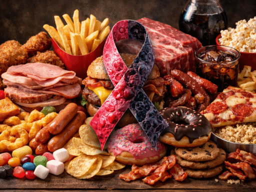 Lazo de cáncer rodeado de alimentos ultraprocesados como hamburguesa, patatas fritas, embutidos, refrescos y dulces, simbolizando su relación con el riesgo de cáncer.