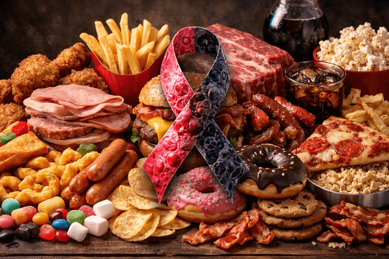 Lazo de cáncer rodeado de alimentos ultraprocesados como hamburguesa, patatas fritas, embutidos, refrescos y dulces, simbolizando su relación con el riesgo de cáncer.