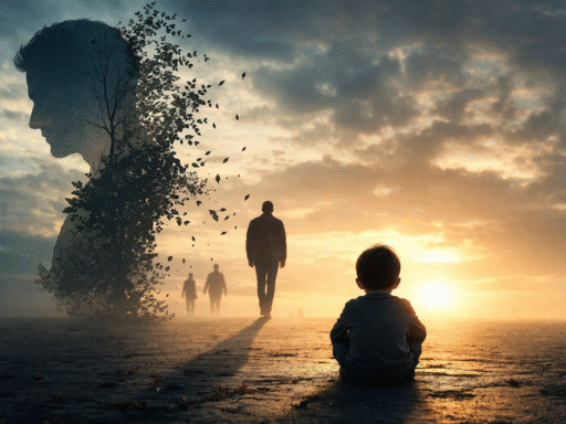 Niño sentado frente a un atardecer observando la figura distante de un hombre, con una silueta simbólica de padre difuminándose en el paisaje, representando la ausencia paterna y su impacto emocional.