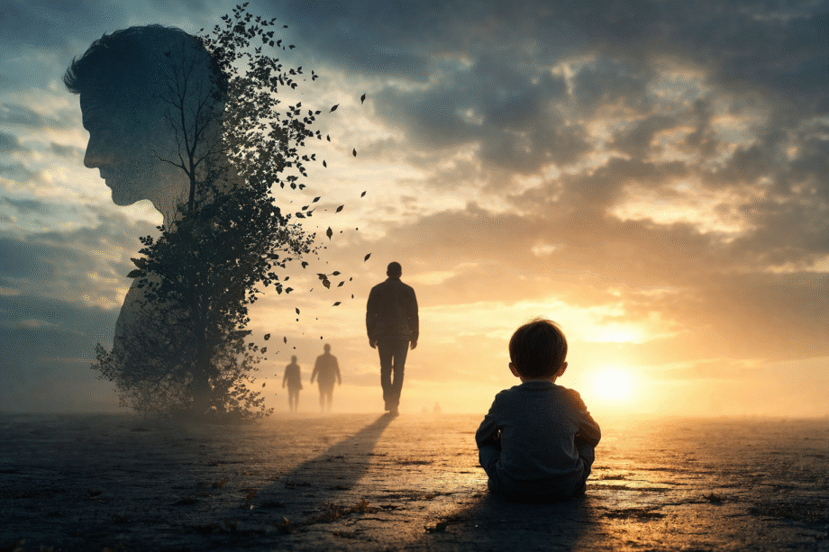 Niño sentado frente a un atardecer observando la figura distante de un hombre, con una silueta simbólica de padre difuminándose en el paisaje, representando la ausencia paterna y su impacto emocional.