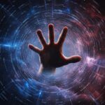 Mano extendida en túnel de energía cósmica y datos, simbolizando la Teoría Sintérgica de Jacobo Grinberg sobre la conciencia y la realidad.
