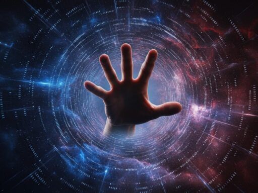 Mano extendida en túnel de energía cósmica y datos, simbolizando la Teoría Sintérgica de Jacobo Grinberg sobre la conciencia y la realidad.