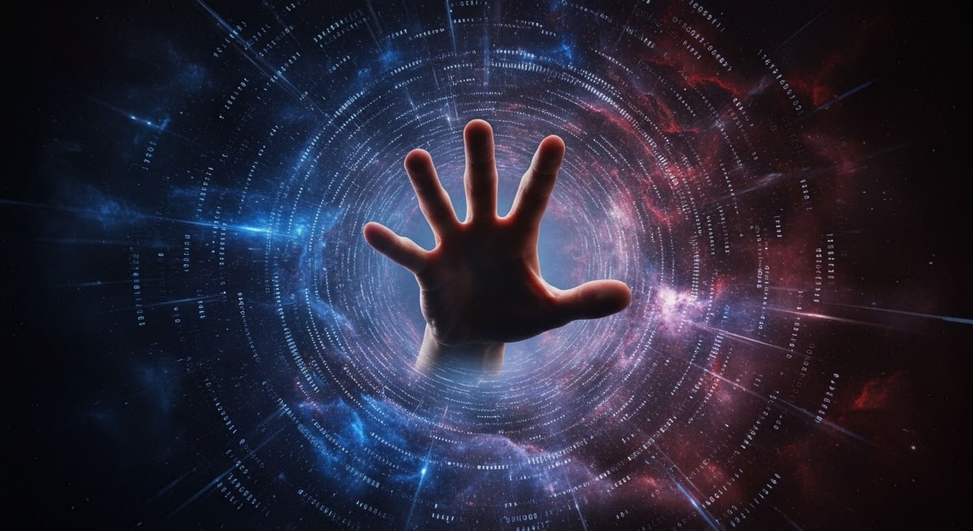 Mano extendida en túnel de energía cósmica y datos, simbolizando la Teoría Sintérgica de Jacobo Grinberg sobre la conciencia y la realidad.