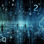 Ilustración digital futurista que muestra siluetas humanas inmersas en una red tridimensional de líneas luminosas, números y patrones, evocando la idea de una matriz de información o campo de conciencia interconectado.