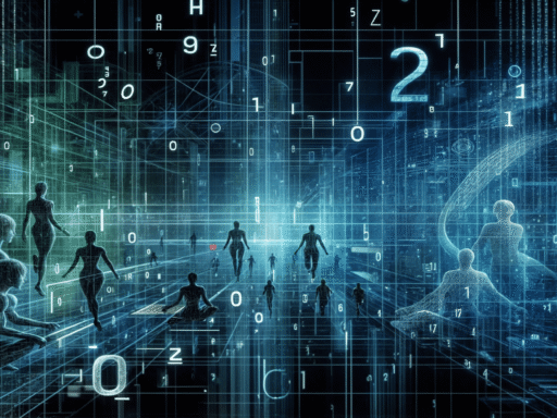 Ilustración digital futurista que muestra siluetas humanas inmersas en una red tridimensional de líneas luminosas, números y patrones, evocando la idea de una matriz de información o campo de conciencia interconectado.