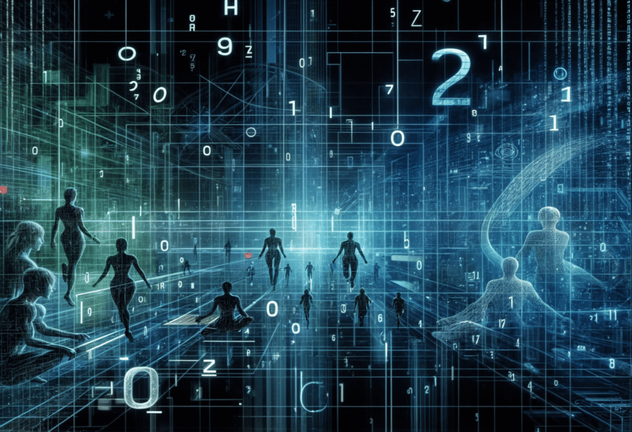Ilustración digital futurista que muestra siluetas humanas inmersas en una red tridimensional de líneas luminosas, números y patrones, evocando la idea de una matriz de información o campo de conciencia interconectado.