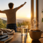 Taza de café caliente junto a un vaso de agua sobre una mesa al amanecer, con una persona estirándose frente a la ventana iluminada por la luz del sol.