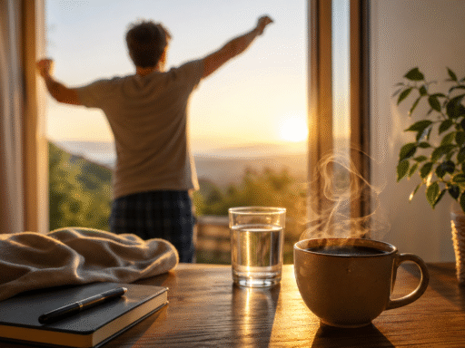Taza de café caliente junto a un vaso de agua sobre una mesa al amanecer, con una persona estirándose frente a la ventana iluminada por la luz del sol.